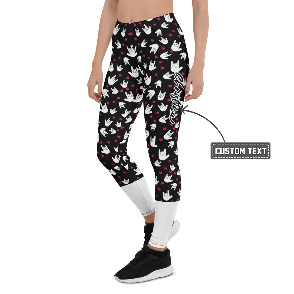 Personalisierte Damen Sportleggings Handzeichen Muster Schwarz Weiß Pinke Herzen Fitness Leggings M663 - XL