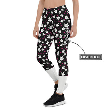 Personalisierte Damen Sportleggings Handzeichen Muster Schwarz Weiß Pinke Herzen Fitness Leggings M663 - XL