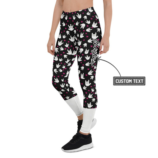 Personalisierte Damen Sportleggings Handzeichen Muster Schwarz Weiß Pinke Herzen Fitness Leggings M663 - XL