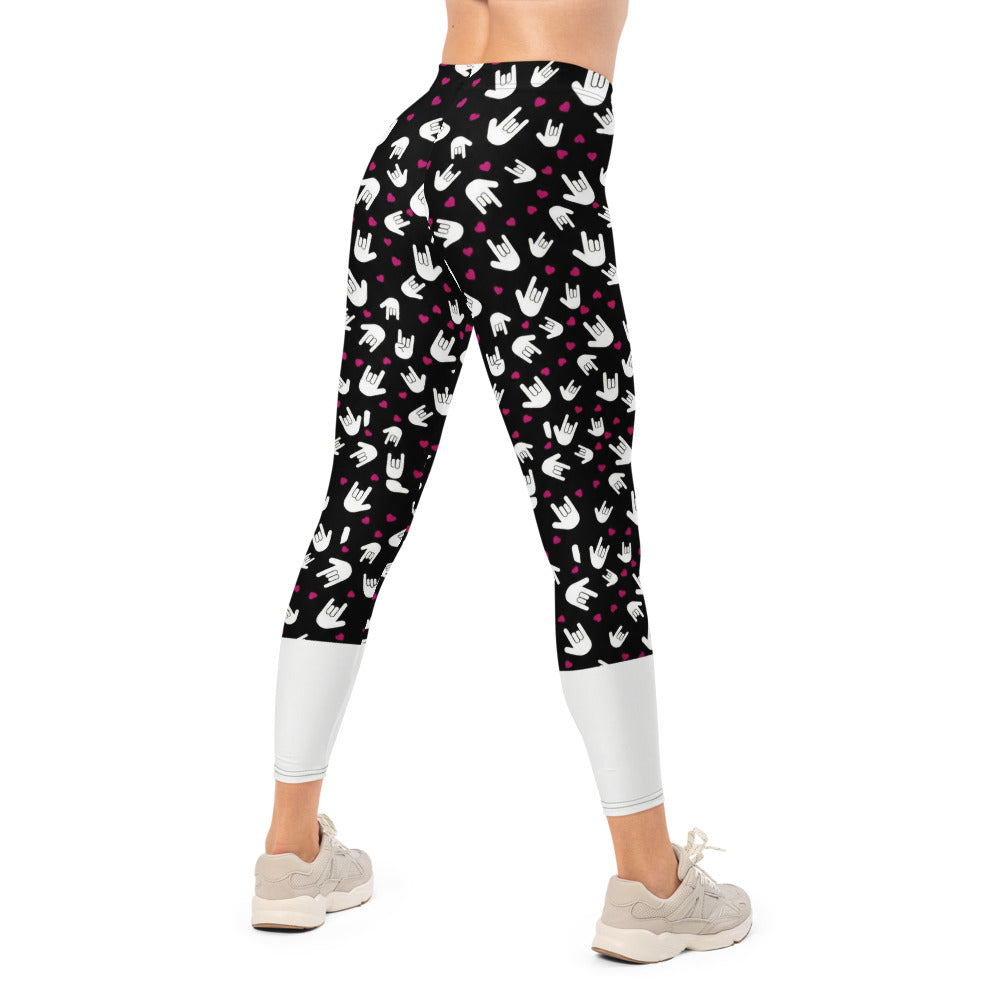 Personalisierte Damen Sportleggings Handzeichen Muster Schwarz Weiß Pinke Herzen Fitness Leggings M663