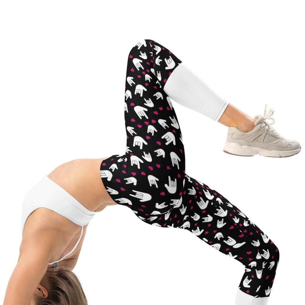 Personalisierte Damen Sportleggings Handzeichen Muster Schwarz Weiß Pinke Herzen Fitness Leggings M663