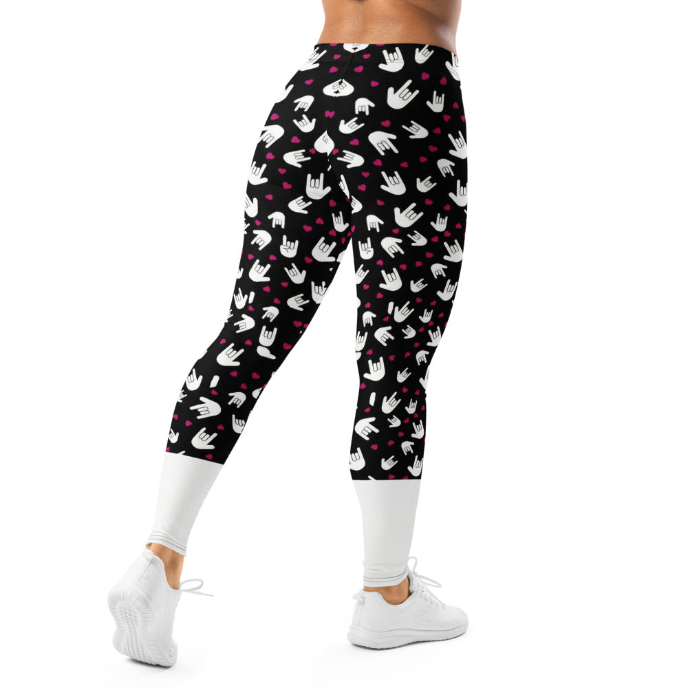 Personalisierte Damen Sportleggings Handzeichen Muster Schwarz Weiß Pinke Herzen Fitness Leggings M663
