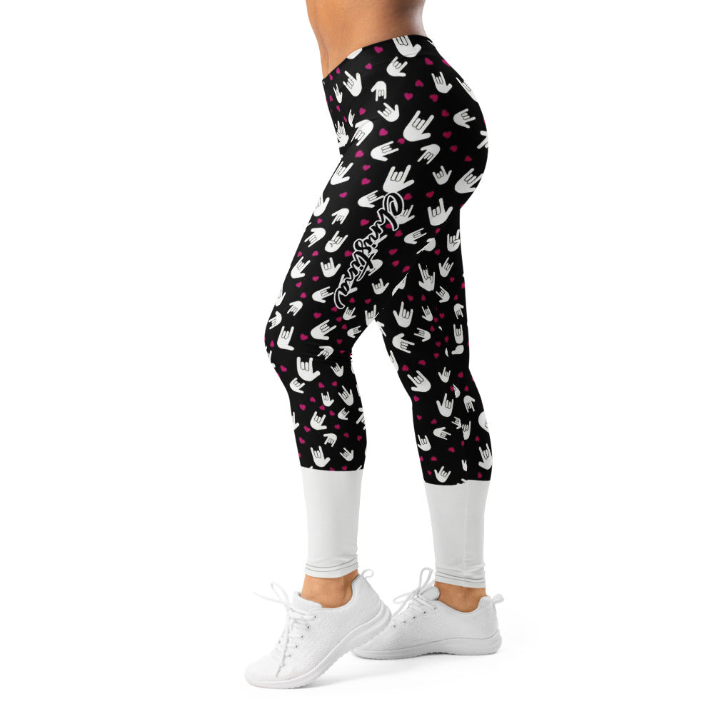 Personalisierte Damen Sportleggings Handzeichen Muster Schwarz Weiß Pinke Herzen Fitness Leggings M663