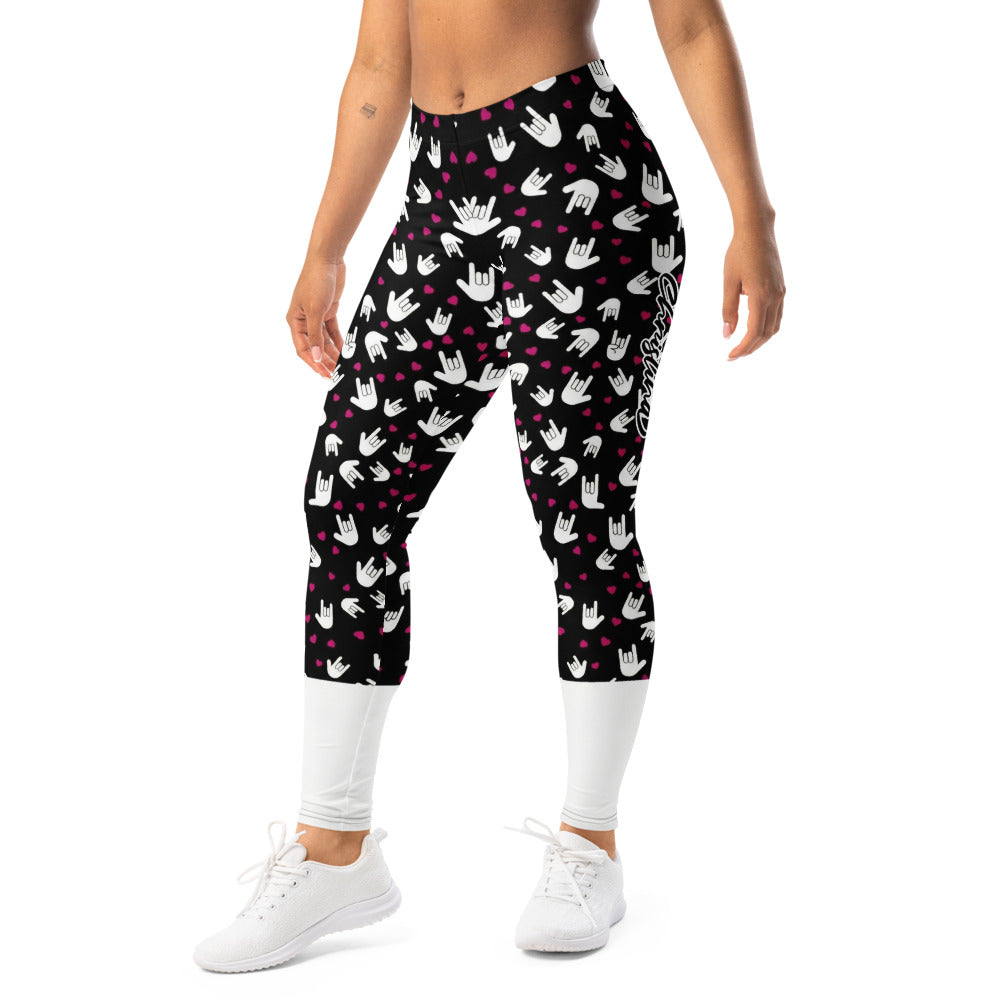 Personalisierte Damen Sportleggings Handzeichen Muster Schwarz Weiß Pinke Herzen Fitness Leggings M663