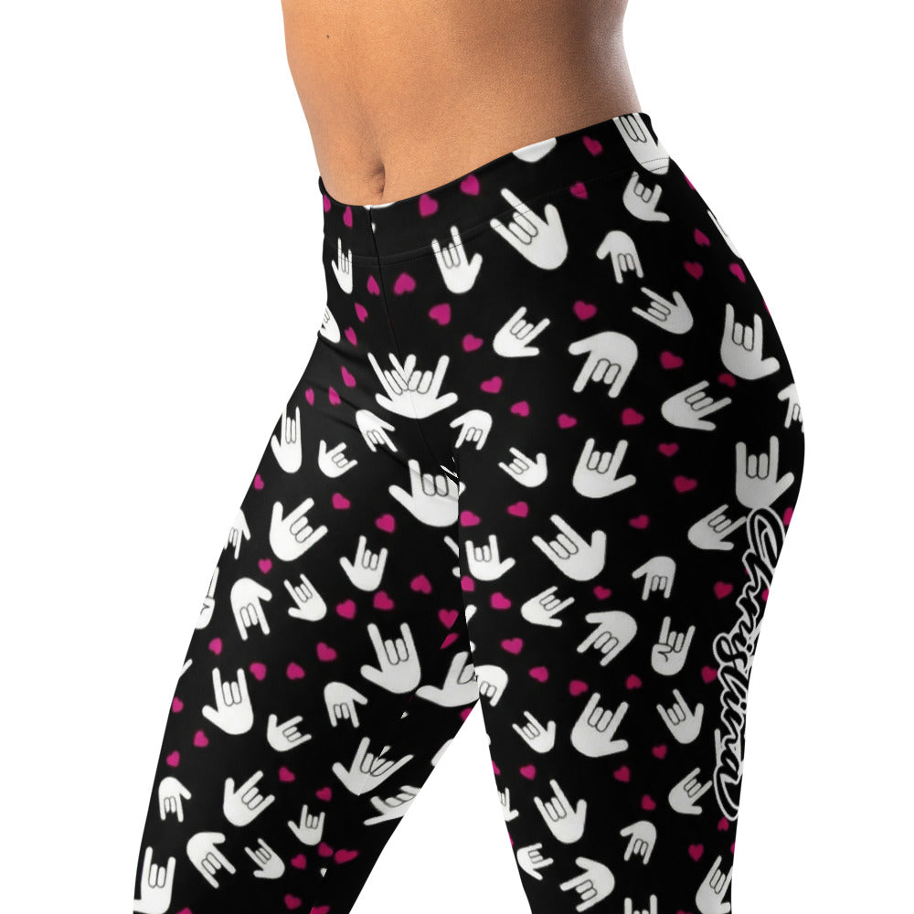Personalisierte Damen Sportleggings Handzeichen Muster Schwarz Weiß Pinke Herzen Fitness Leggings M663