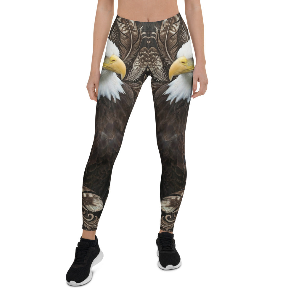 Personalisierte Damen Sportleggings Weißkopfseeadler Motiv Adler Federn Design Fitness Leggings Braun Schwarz W915