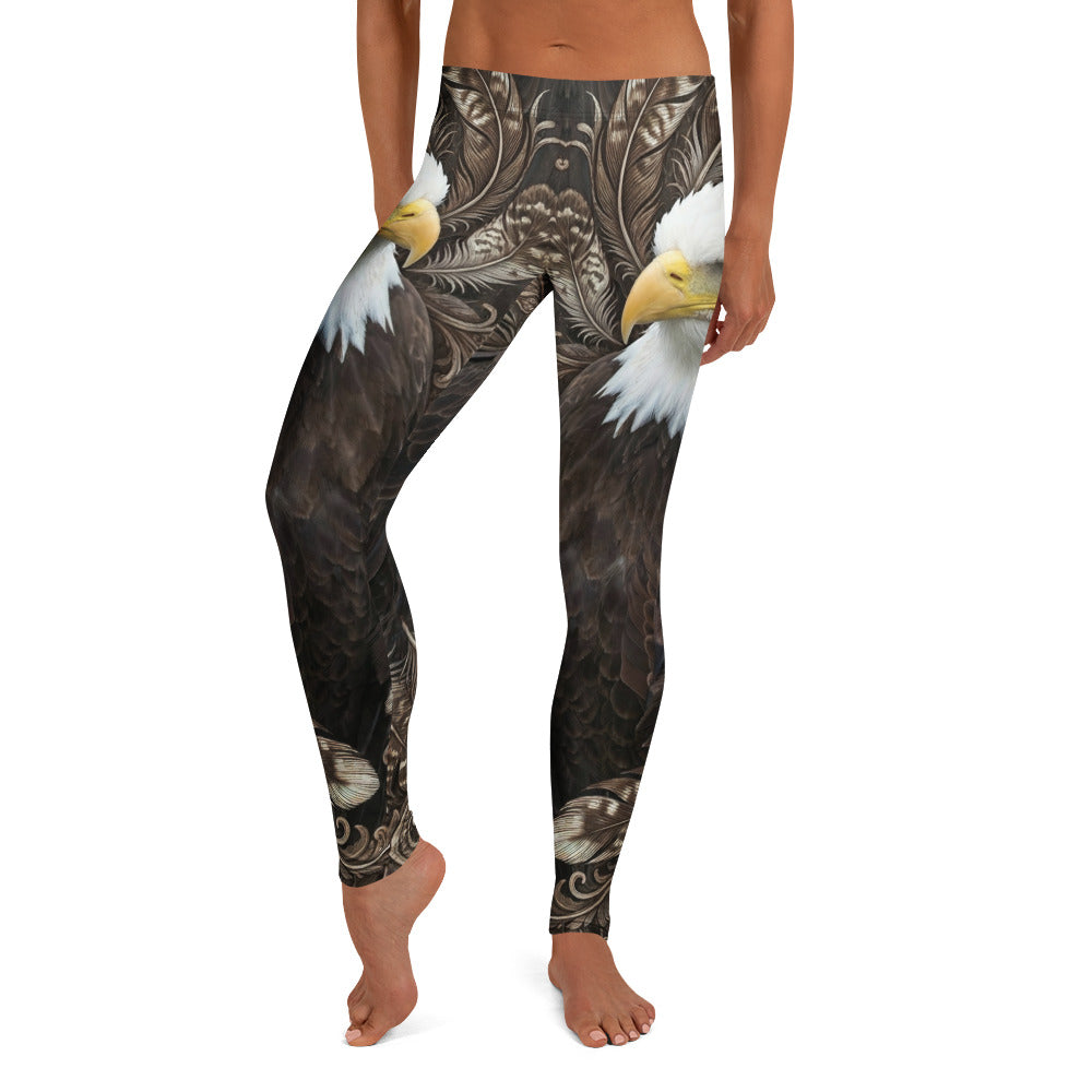 Personalisierte Damen Sportleggings Weißkopfseeadler Motiv Adler Federn Design Fitness Leggings Braun Schwarz W915