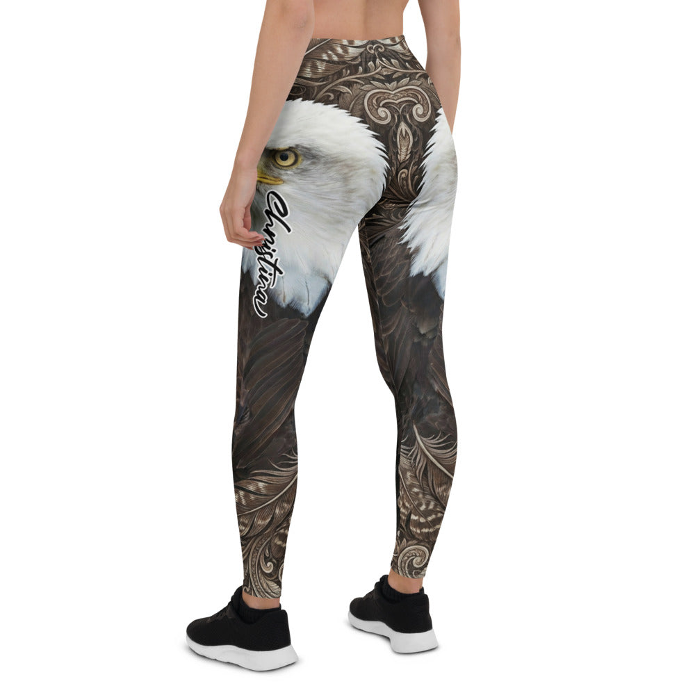 Personalisierte Damen Sportleggings Weißkopfseeadler Motiv Adler Federn Design Fitness Leggings Braun Schwarz W915