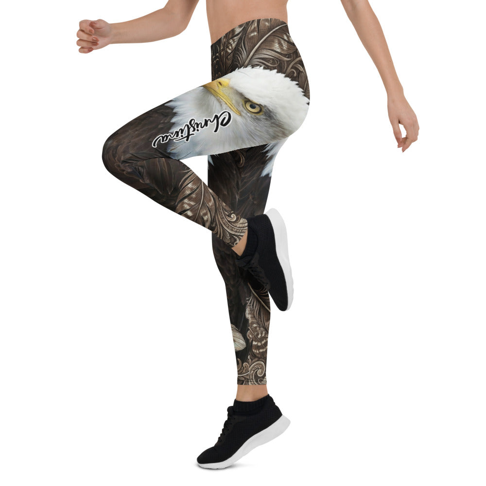 Personalisierte Damen Sportleggings Weißkopfseeadler Motiv Adler Federn Design Fitness Leggings Braun Schwarz W915