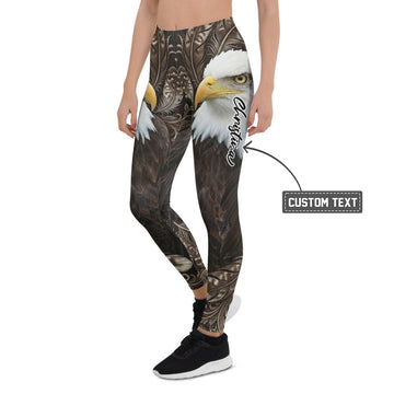Personalisierte Damen Sportleggings Weißkopfseeadler Motiv Adler Federn Design Fitness Leggings Braun Schwarz W915 - XL