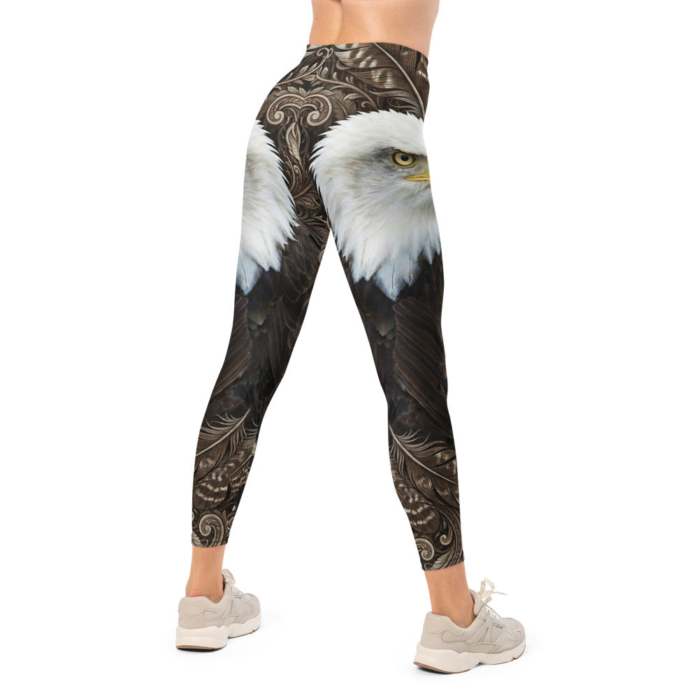 Personalisierte Damen Sportleggings Weißkopfseeadler Motiv Adler Federn Design Fitness Leggings Braun Schwarz W915