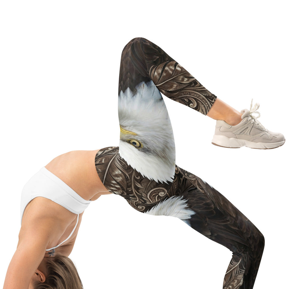 Personalisierte Damen Sportleggings Weißkopfseeadler Motiv Adler Federn Design Fitness Leggings Braun Schwarz W915