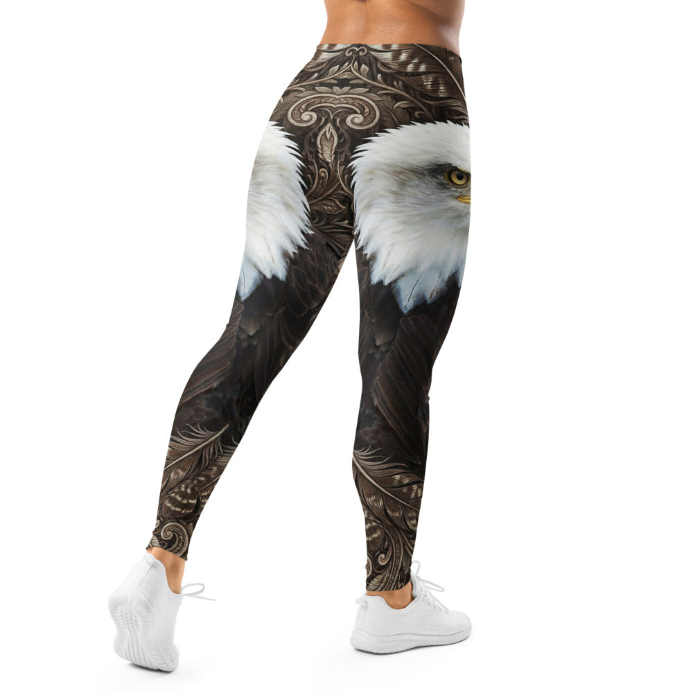 Personalisierte Damen Sportleggings Weißkopfseeadler Motiv Adler Federn Design Fitness Leggings Braun Schwarz W915