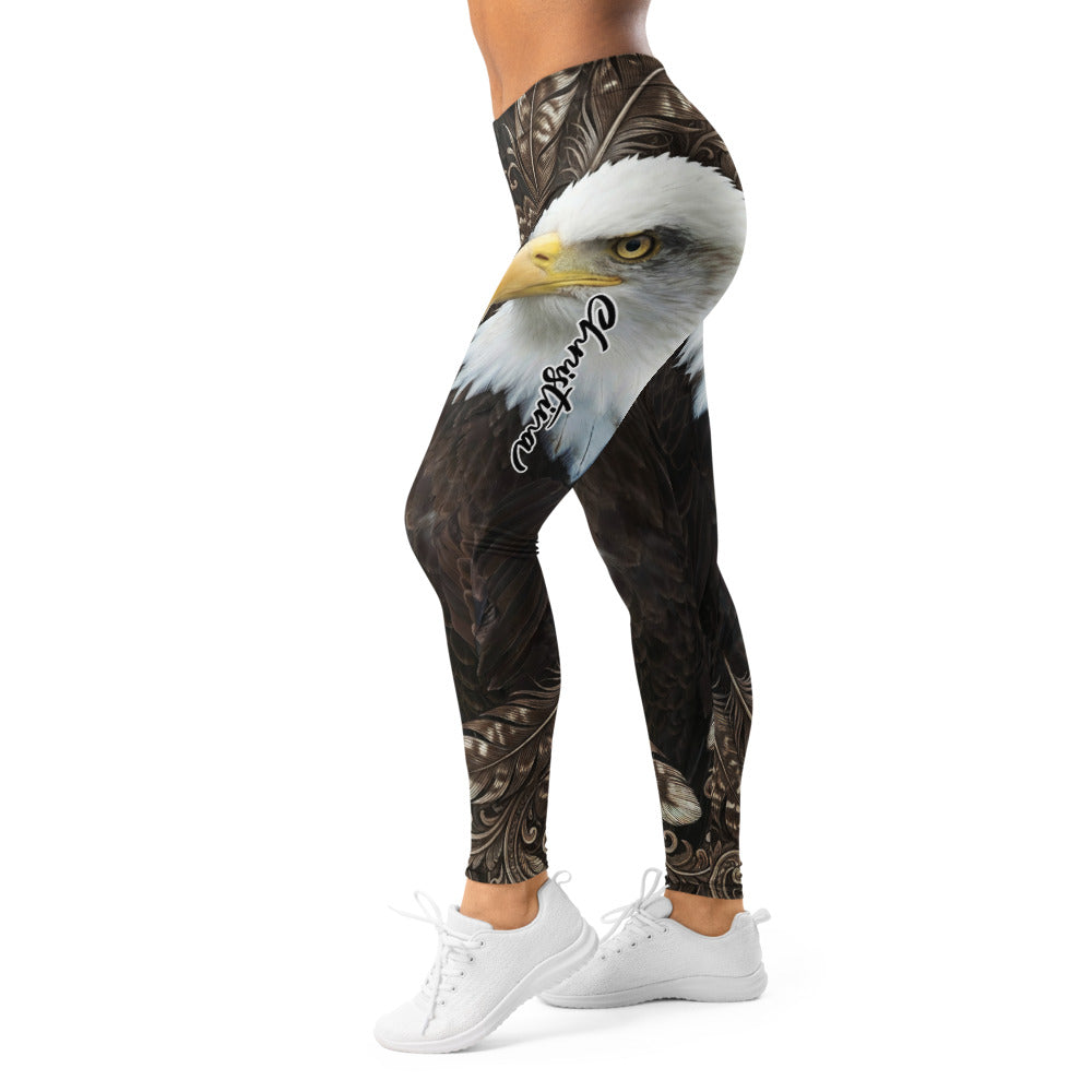 Personalisierte Damen Sportleggings Weißkopfseeadler Motiv Adler Federn Design Fitness Leggings Braun Schwarz W915