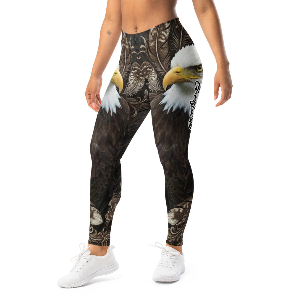 Personalisierte Damen Sportleggings Weißkopfseeadler Motiv Adler Federn Design Fitness Leggings Braun Schwarz W915