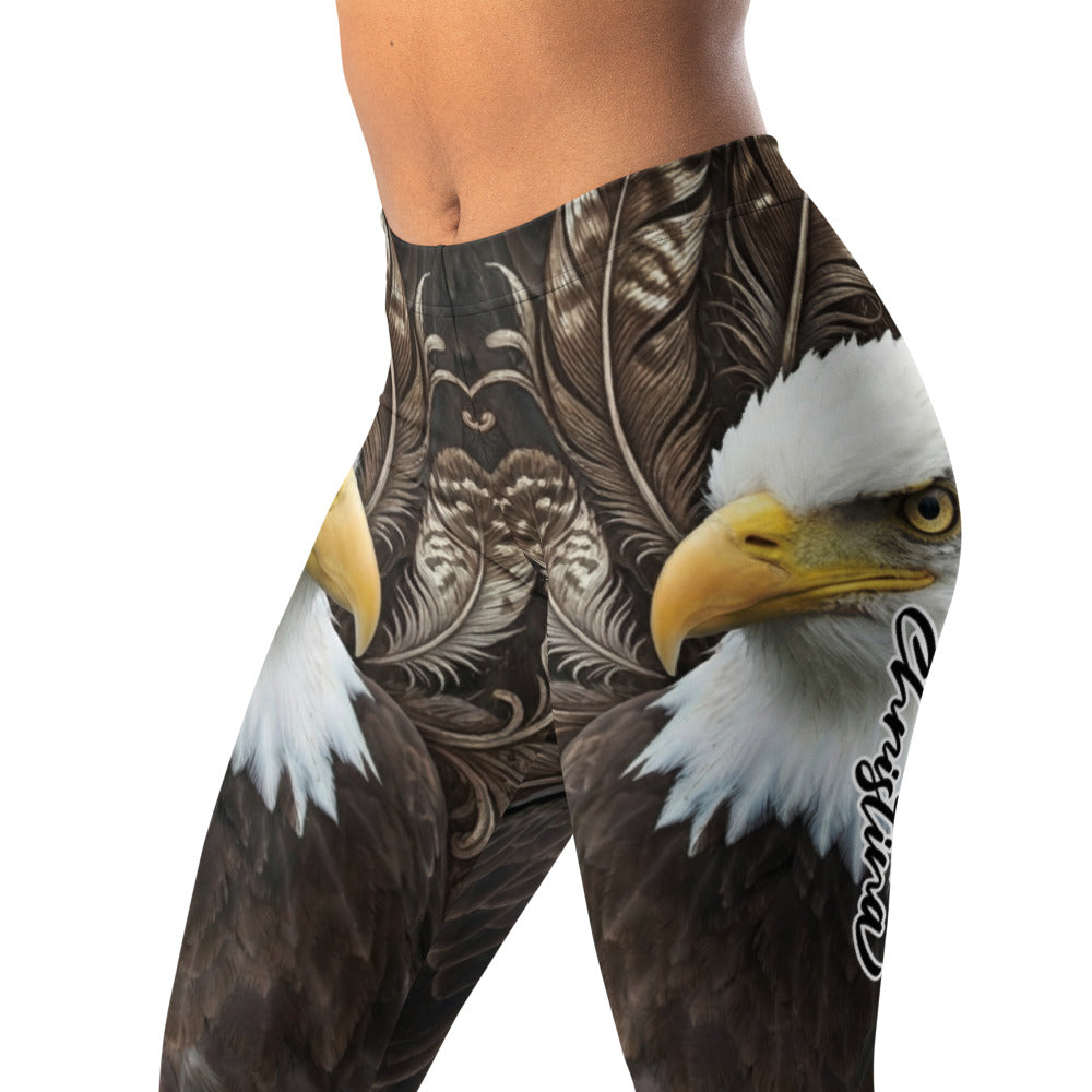 Personalisierte Damen Sportleggings Weißkopfseeadler Motiv Adler Federn Design Fitness Leggings Braun Schwarz W915