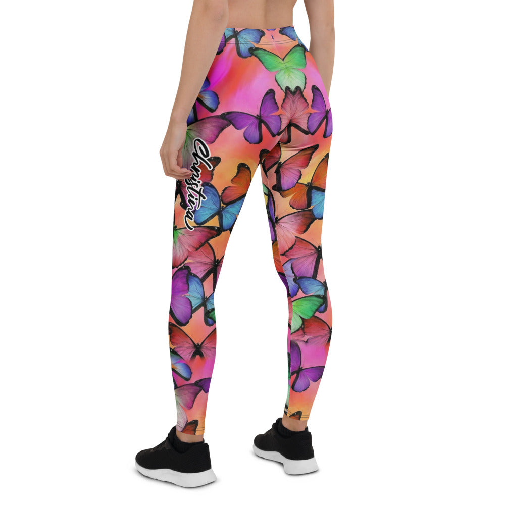 Personalisierte Sportleggings Damen Schmetterling Muster Bunt Fitness Yoga Leggings M684