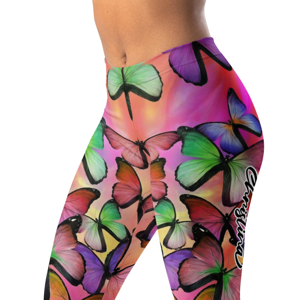 Personalisierte Sportleggings Damen Schmetterling Muster Bunt Fitness Yoga Leggings M684