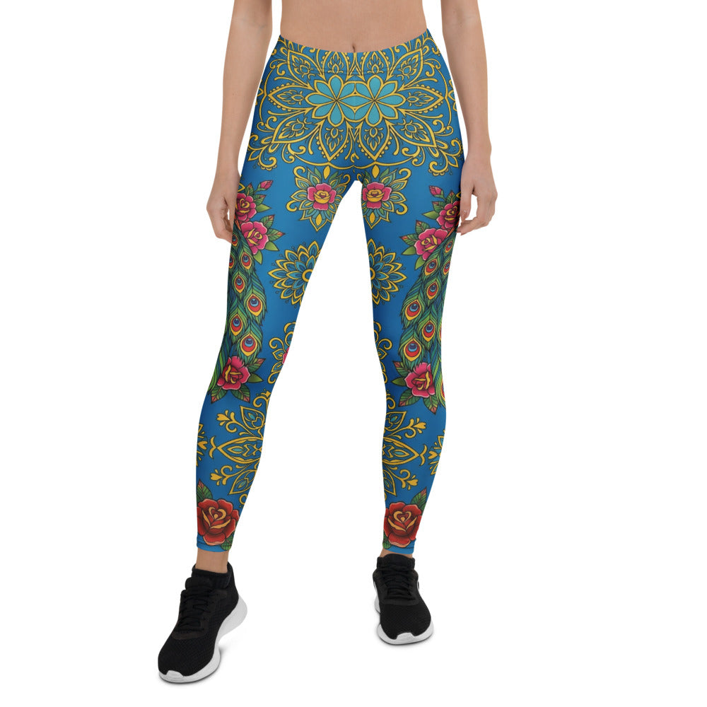 Personalisierte Damen Sportleggings Mandala Design Blau Blumenmuster Yoga Leggings Pfauenfeder U295
