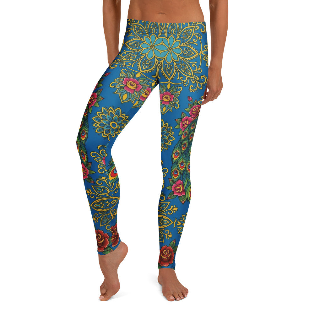 Personalisierte Damen Sportleggings Mandala Design Blau Blumenmuster Yoga Leggings Pfauenfeder U295