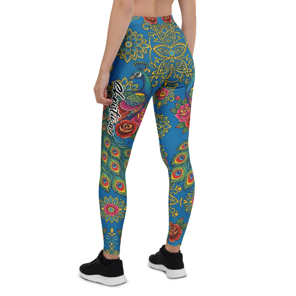 Personalisierte Damen Sportleggings Mandala Design Blau Blumenmuster Yoga Leggings Pfauenfeder U295