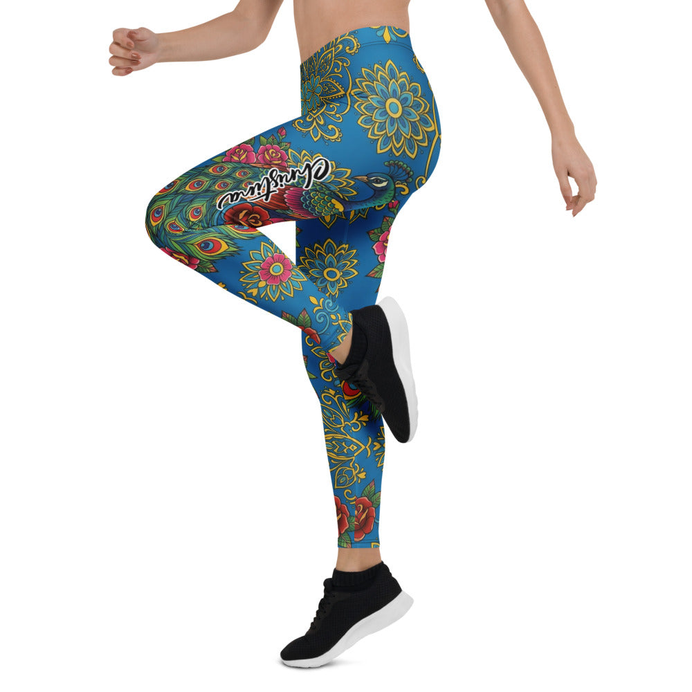 Personalisierte Damen Sportleggings Mandala Design Blau Blumenmuster Yoga Leggings Pfauenfeder U295