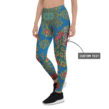Personalisierte Damen Sportleggings Mandala Design Blau Blumenmuster Yoga Leggings Pfauenfeder U295 - XL