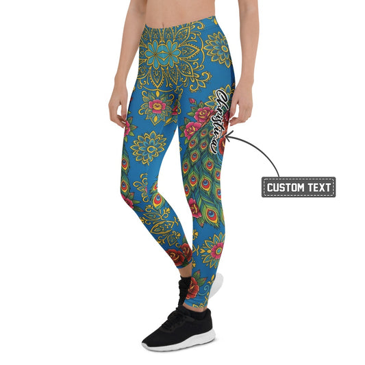 Personalisierte Damen Sportleggings Mandala Design Blau Blumenmuster Yoga Leggings Pfauenfeder U295 - XL