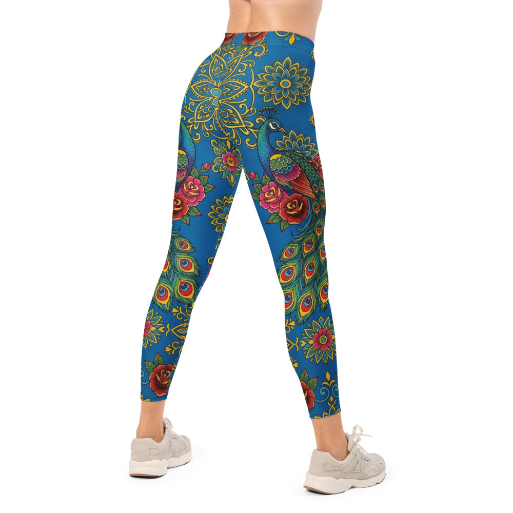 Personalisierte Damen Sportleggings Mandala Design Blau Blumenmuster Yoga Leggings Pfauenfeder U295