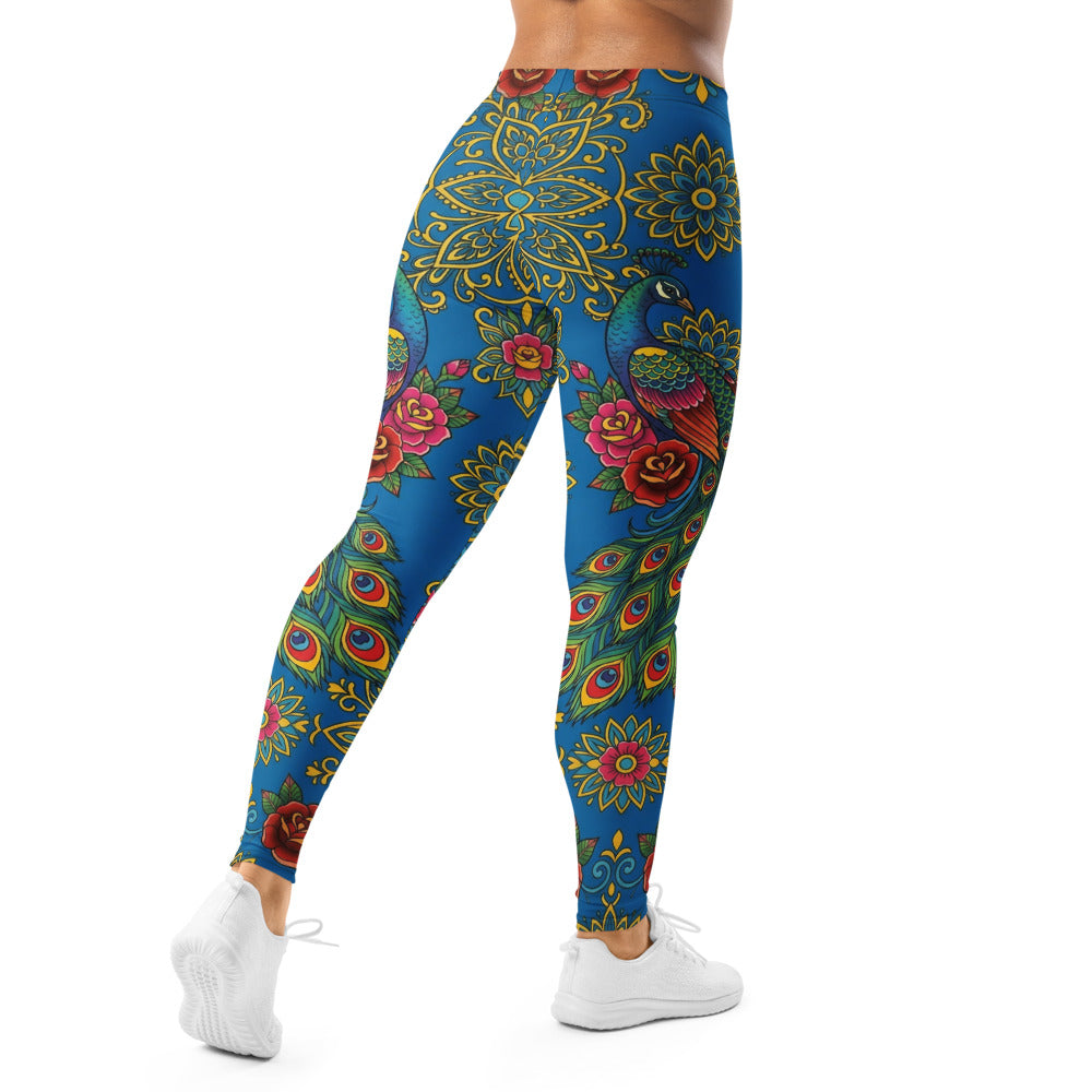 Personalisierte Damen Sportleggings Mandala Design Blau Blumenmuster Yoga Leggings Pfauenfeder U295
