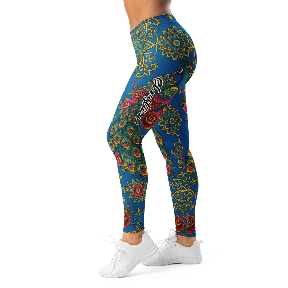 Personalisierte Damen Sportleggings Mandala Design Blau Blumenmuster Yoga Leggings Pfauenfeder U295