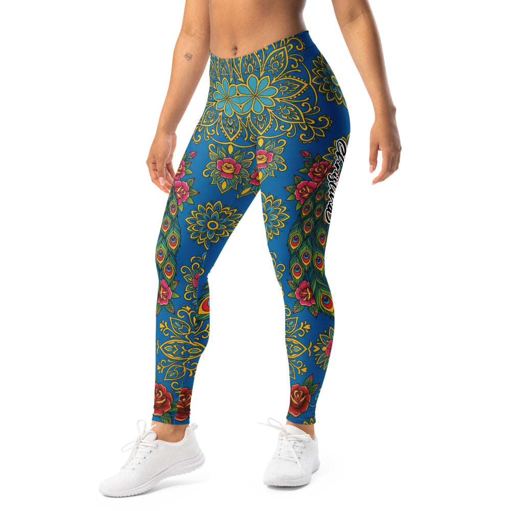 Personalisierte Damen Sportleggings Mandala Design Blau Blumenmuster Yoga Leggings Pfauenfeder U295