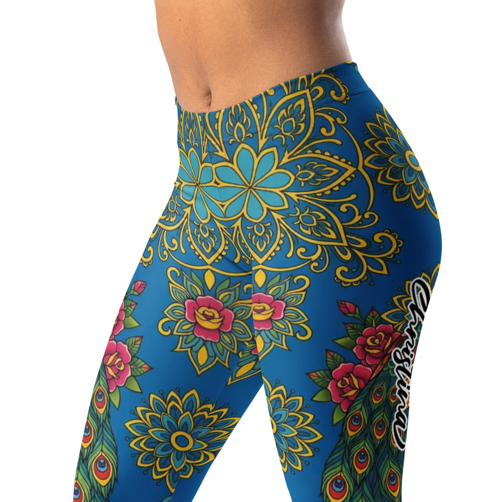 Personalisierte Damen Sportleggings Mandala Design Blau Blumenmuster Yoga Leggings Pfauenfeder U295