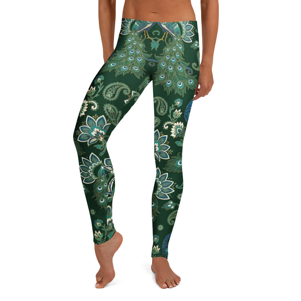 Personalisierte Damen Sportleggings Pfauenmuster Paisley Design Dunkelgrün Yoga Fitness Leggings F833
