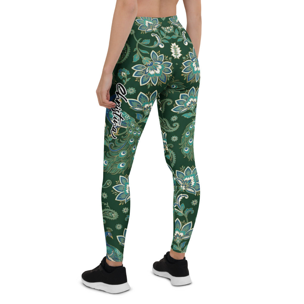 Personalisierte Damen Sportleggings Pfauenmuster Paisley Design Dunkelgrün Yoga Fitness Leggings F833