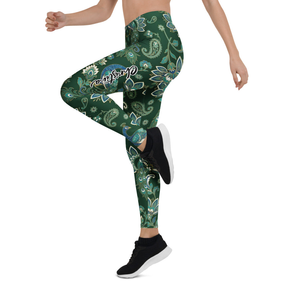 Personalisierte Damen Sportleggings Pfauenmuster Paisley Design Dunkelgrün Yoga Fitness Leggings F833