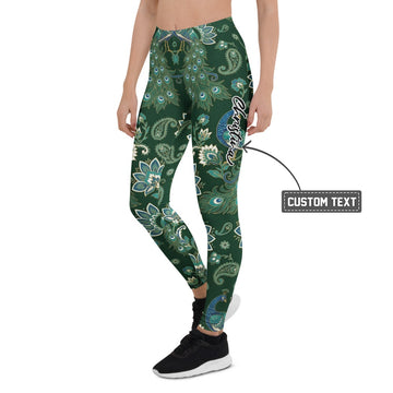 Personalisierte Damen Sportleggings Pfauenmuster Paisley Design Dunkelgrün Yoga Fitness Leggings F833 - XL