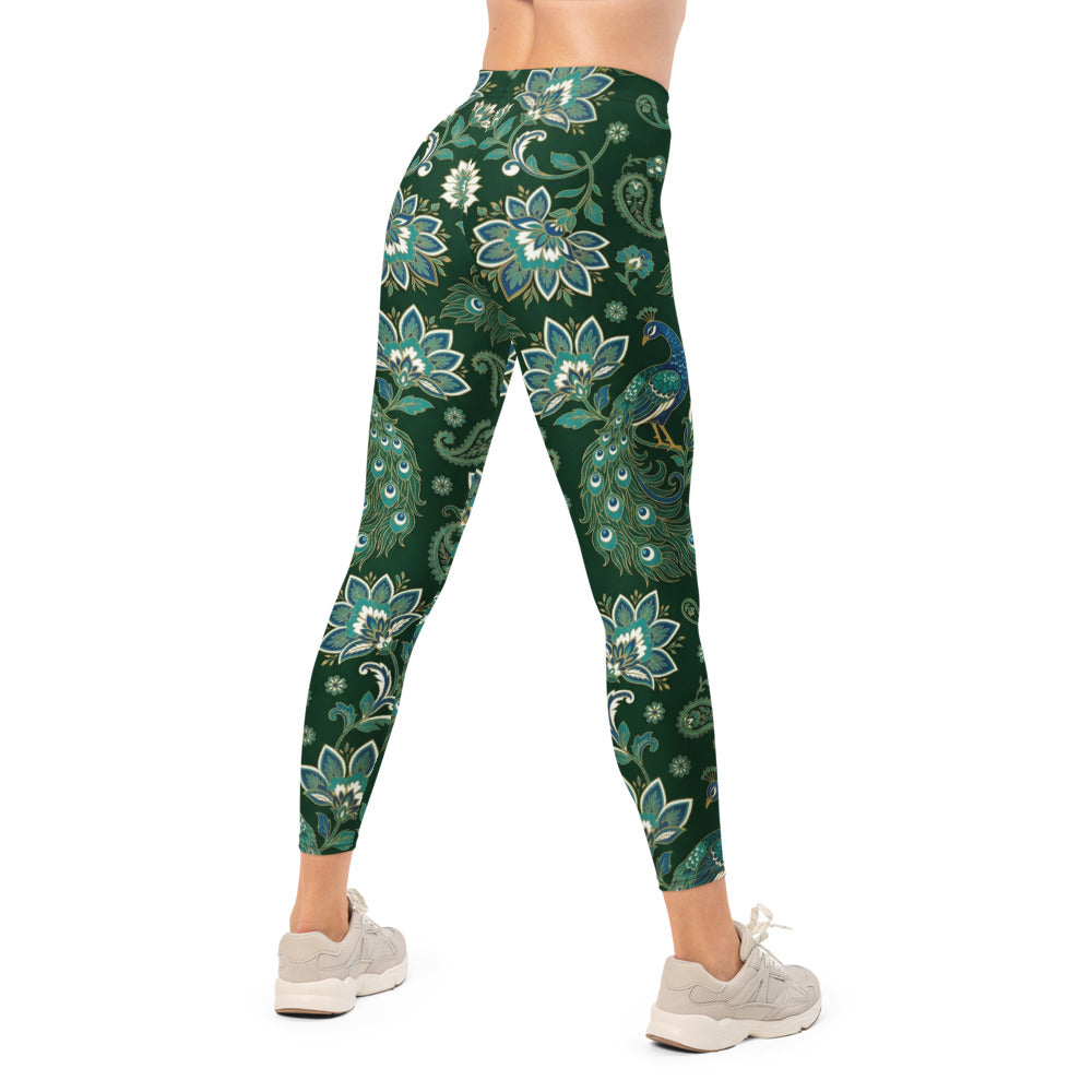 Personalisierte Damen Sportleggings Pfauenmuster Paisley Design Dunkelgrün Yoga Fitness Leggings F833
