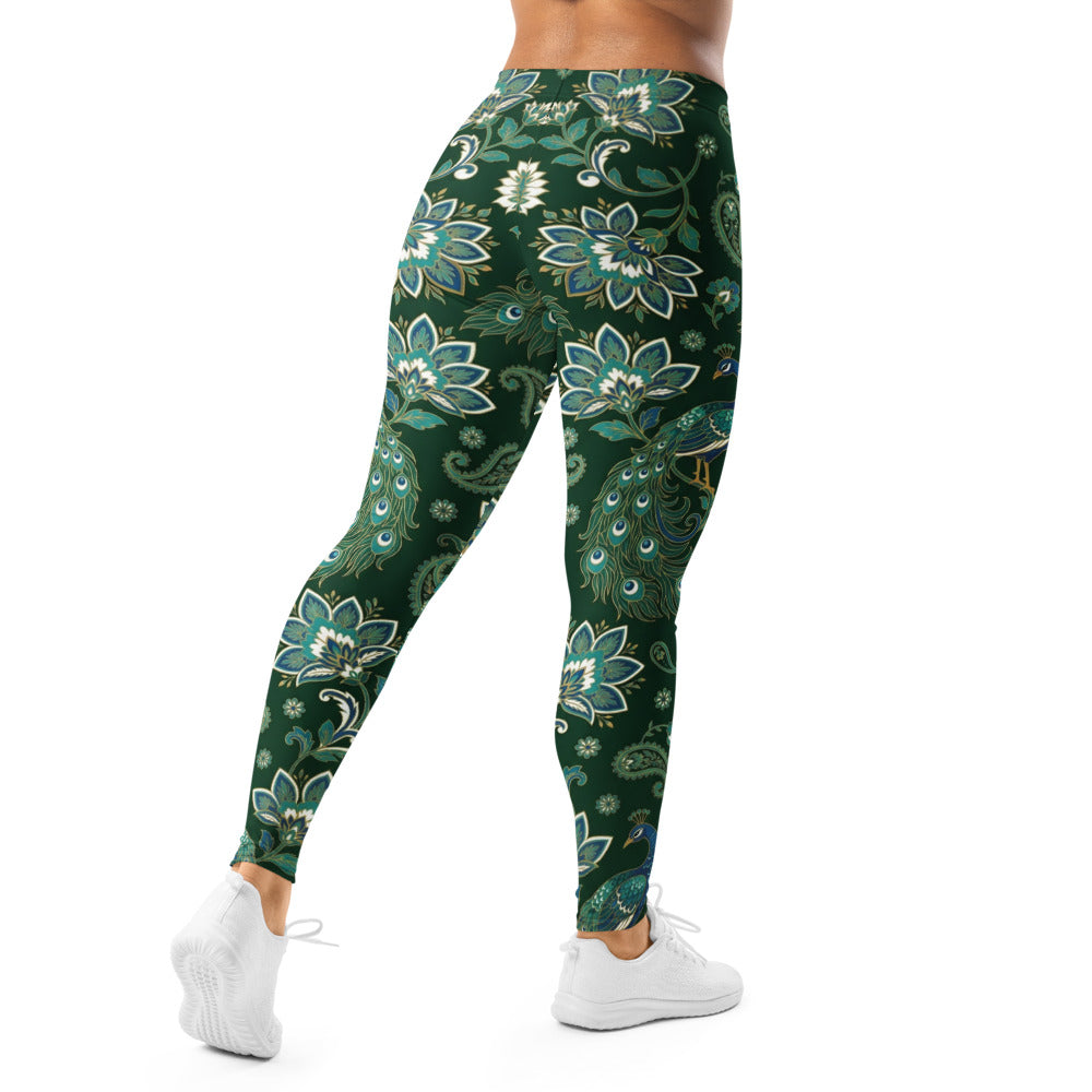 Personalisierte Damen Sportleggings Pfauenmuster Paisley Design Dunkelgrün Yoga Fitness Leggings F833