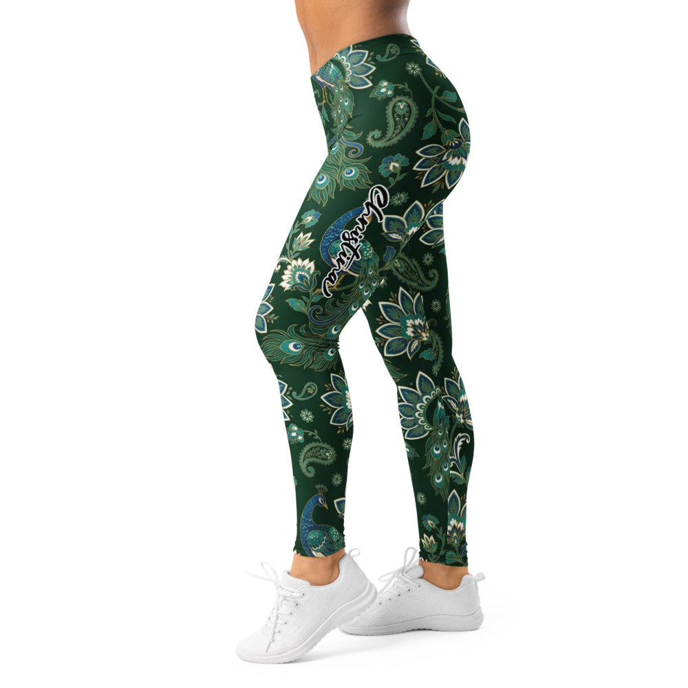 Personalisierte Damen Sportleggings Pfauenmuster Paisley Design Dunkelgrün Yoga Fitness Leggings F833
