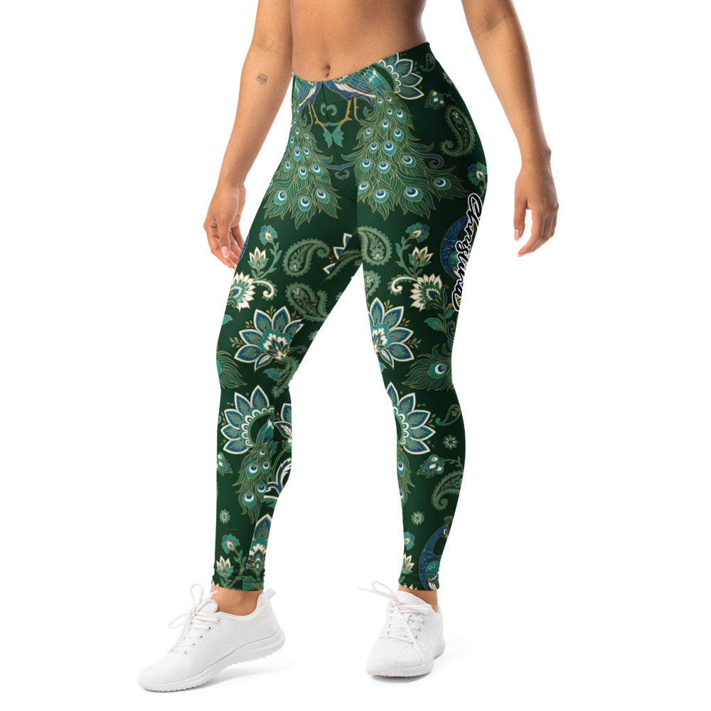 Personalisierte Damen Sportleggings Pfauenmuster Paisley Design Dunkelgrün Yoga Fitness Leggings F833