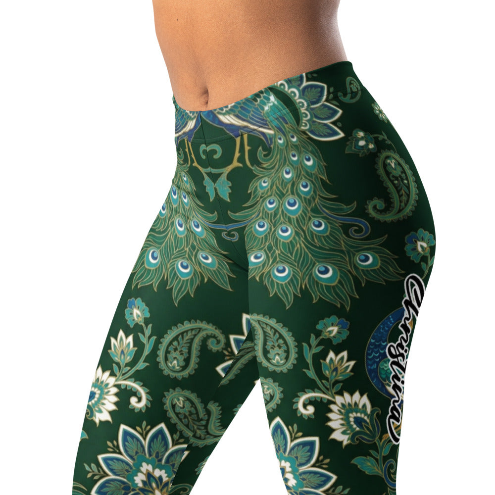 Personalisierte Damen Sportleggings Pfauenmuster Paisley Design Dunkelgrün Yoga Fitness Leggings F833