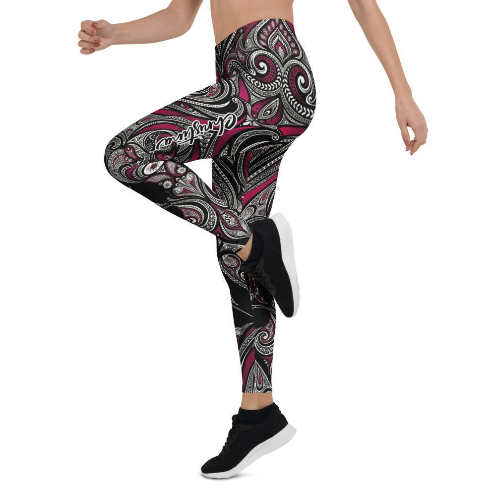 Personalisierte Damen Sportleggings Paisley Ornament Design Schwarz Weiß Bordeaux Yoga Fitness Leggings O026
