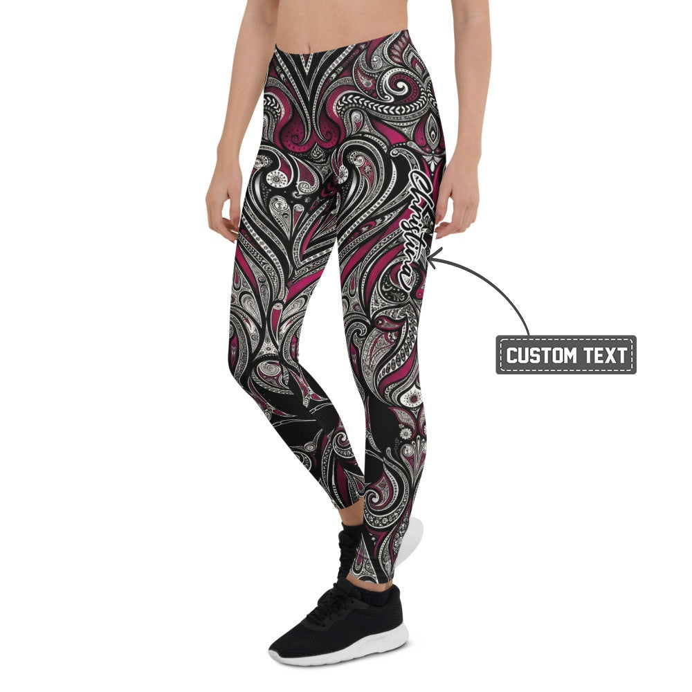 Personalisierte Damen Sportleggings Paisley Ornament Design Schwarz Weiß Bordeaux Yoga Fitness Leggings O026 - XL