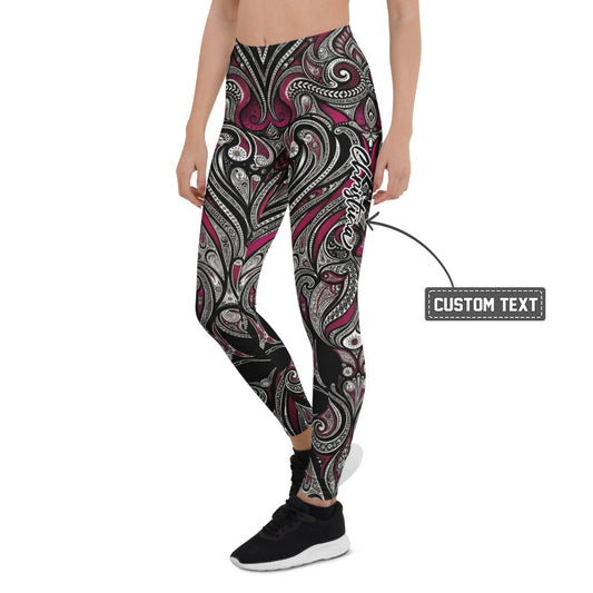 Personalisierte Damen Sportleggings Paisley Ornament Design Schwarz Weiß Bordeaux Yoga Fitness Leggings O026 - XL