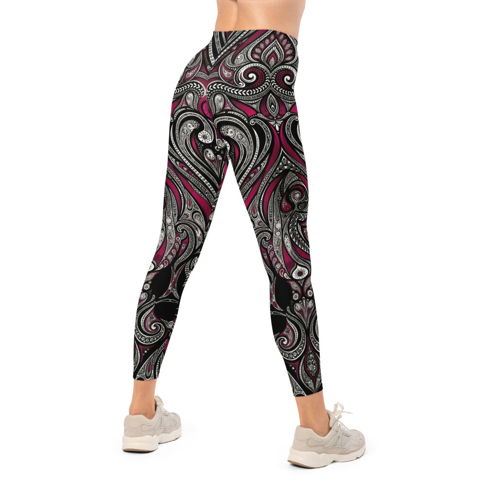 Personalisierte Damen Sportleggings Paisley Ornament Design Schwarz Weiß Bordeaux Yoga Fitness Leggings O026