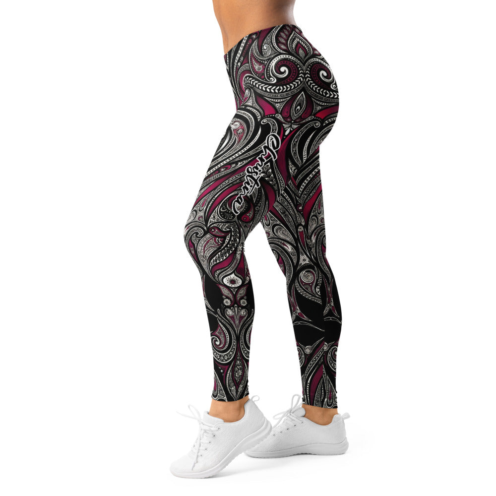 Personalisierte Damen Sportleggings Paisley Ornament Design Schwarz Weiß Bordeaux Yoga Fitness Leggings O026
