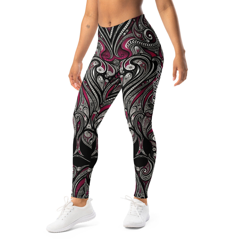 Personalisierte Damen Sportleggings Paisley Ornament Design Schwarz Weiß Bordeaux Yoga Fitness Leggings O026