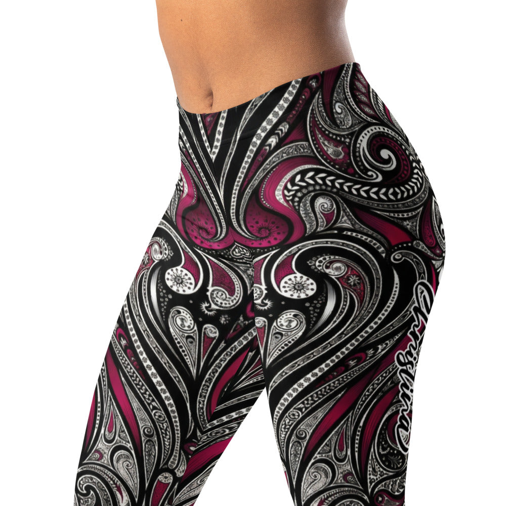 Personalisierte Damen Sportleggings Paisley Ornament Design Schwarz Weiß Bordeaux Yoga Fitness Leggings O026