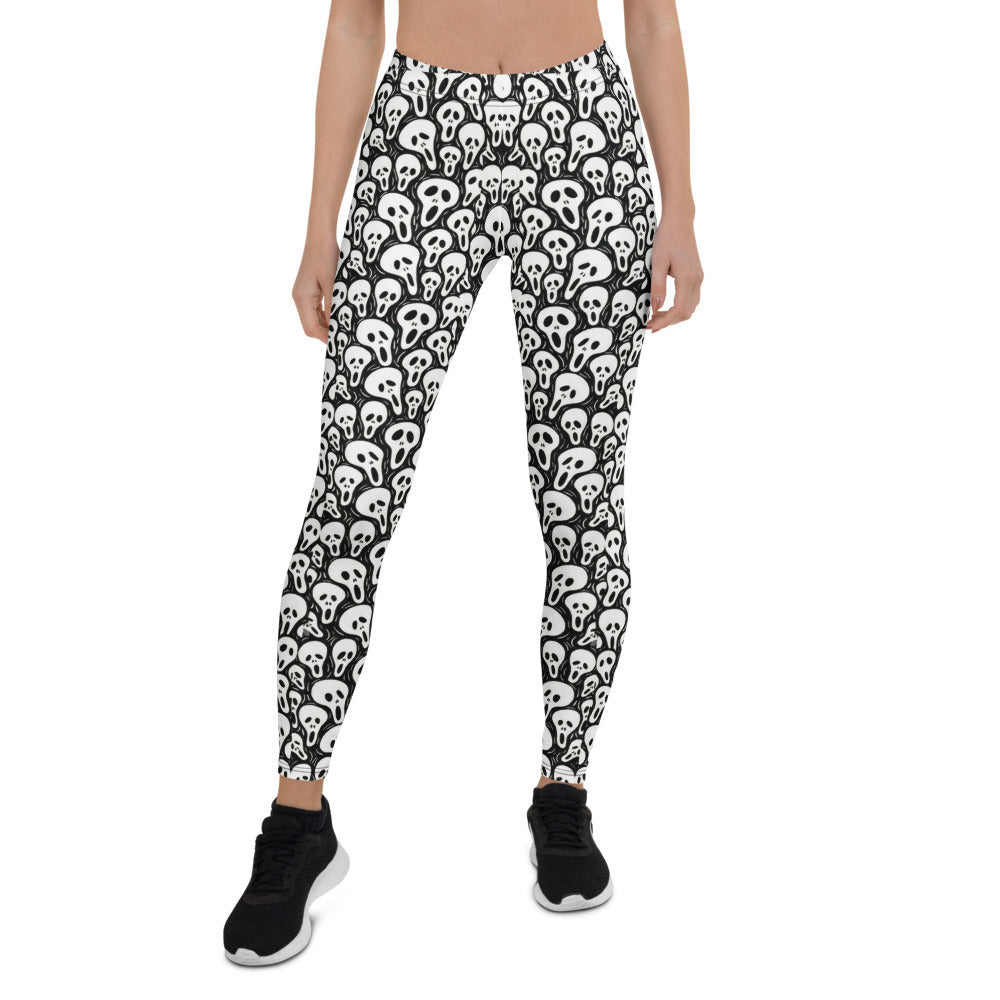 Personalisierte Damen Sportleggings Totenkopf Masken Design Schwarz Weiß Fitness Yoga Leggings Q032